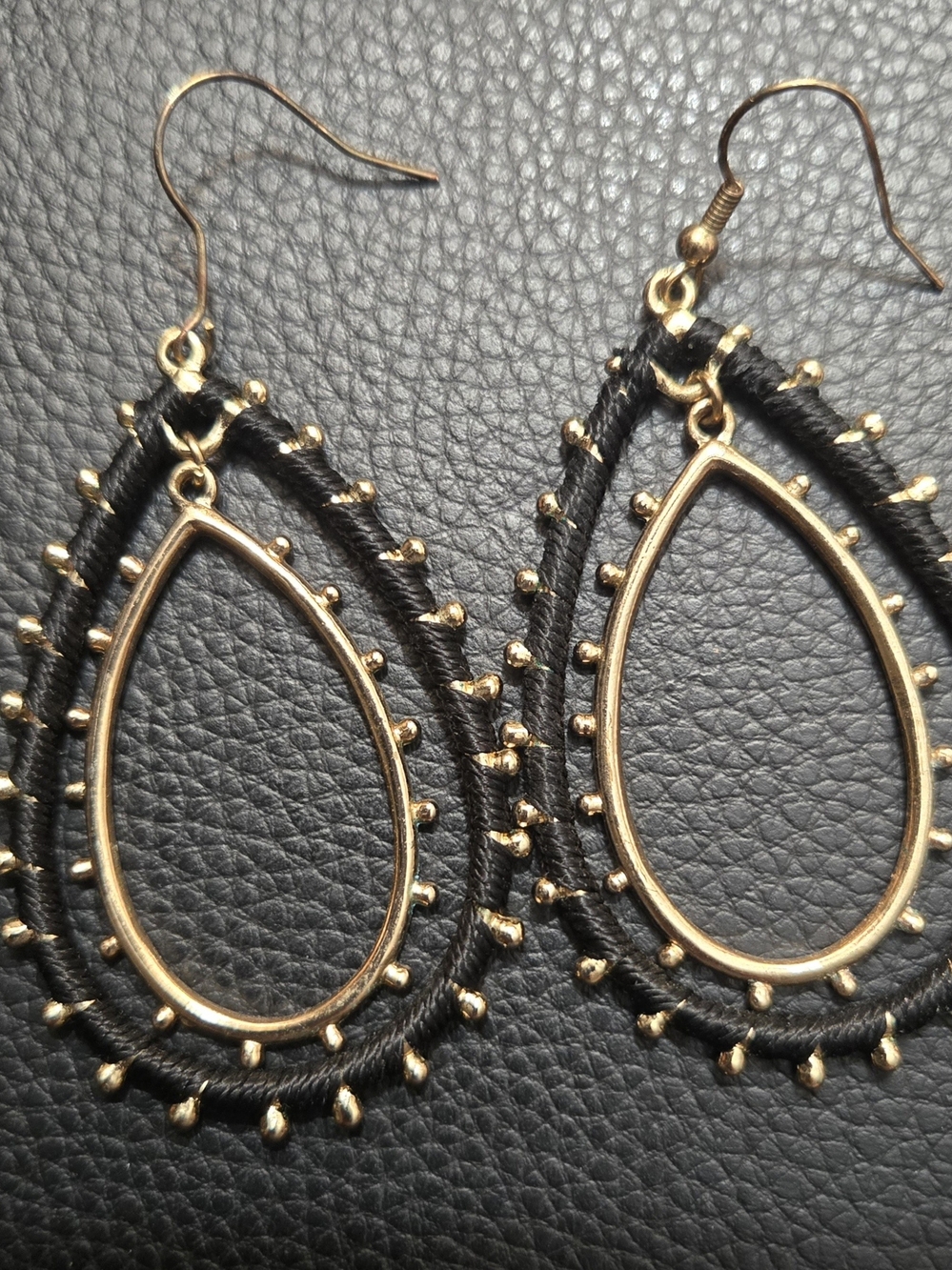 Gold & Black Teardrop Wrapped Studded Hoop Earrings